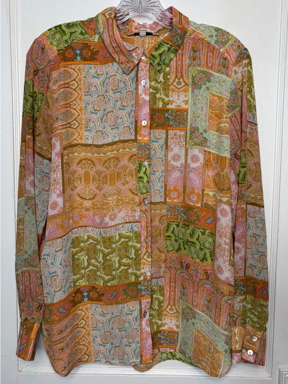 Rose & Olive Paisley Patchwork Print Button Down Blouse Boho Chic Retro Sz L